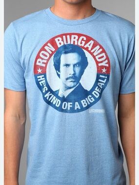Anchorman Ron Burgandy Light Blue Graphic Tee me s size small 💯 cotton A0182